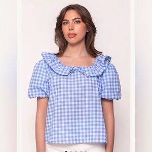 Ivy City Co Lorelai Blue Gingham Ruffle Top